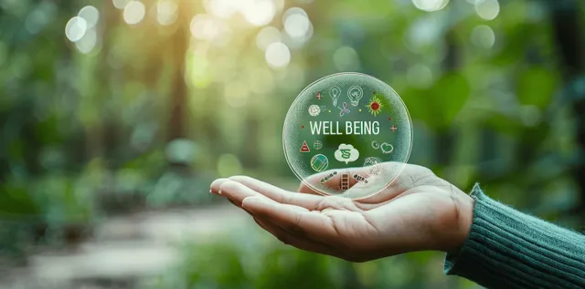 Hands offering a “Well-Being” badge in a sunlit garden workspace with soft green bokeh