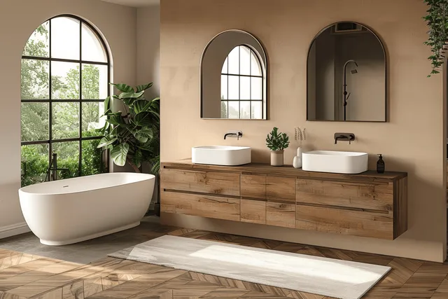 Modern bathroom with freestanding bathtub, double sink vanity, and arched window light