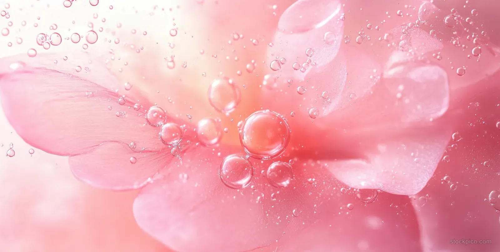 Pink flower petals with transparent water bubbles and dew droplets in a macro close-up with soft blur.