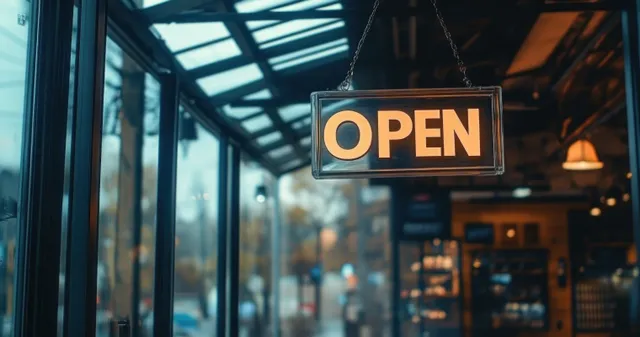 Glowing OPEN sign hanging in a cozy storefront window at night with warm interior light
