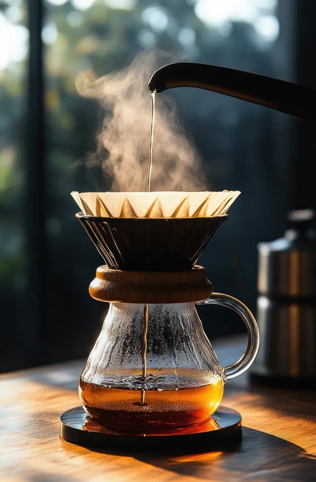 Hot water streams from a gooseneck kettle into a coffee dripper while steam rises above a glass carafe on a wooden table.