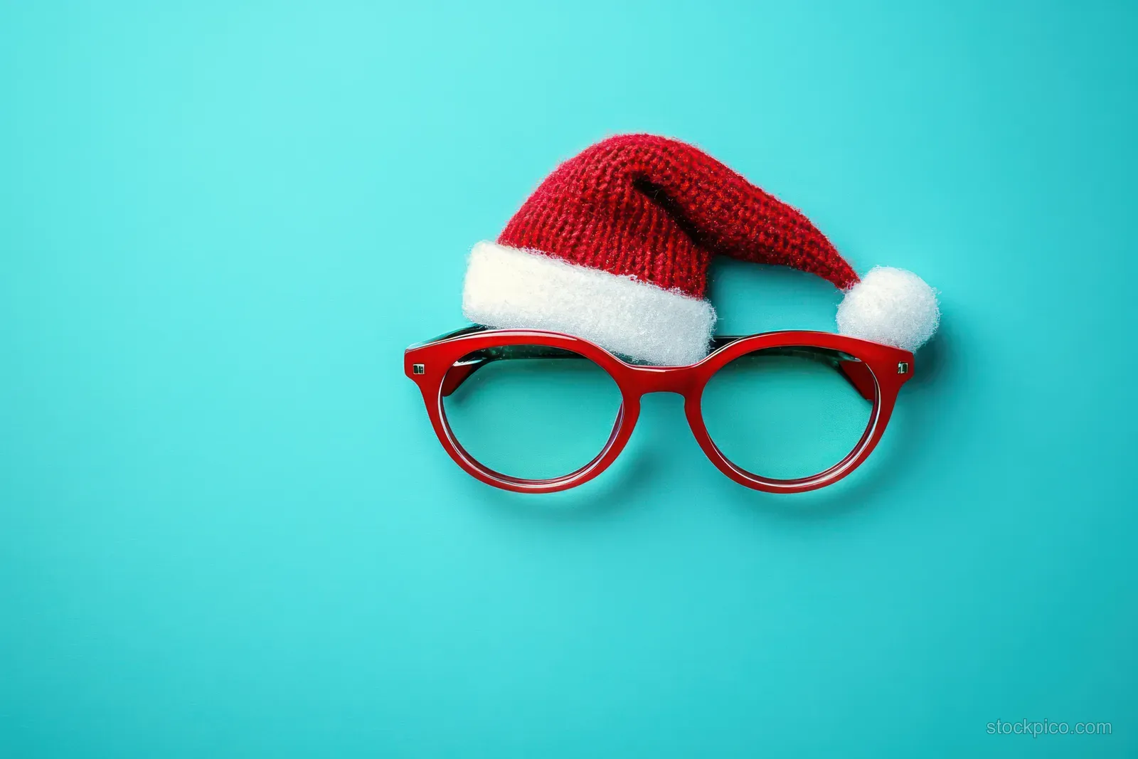 Red-framed glasses wearing a small Santa hat rest on a bright blue background.