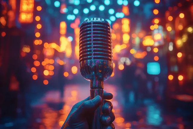 A retro microphone on a concert stage is surrounded by colorful light bokeh behind it.