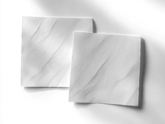 Two blank white square napkins with textured folds casting soft shadows on a white background