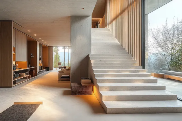 Warm-lit minimalist interior with a floating concrete staircase and floor-to-ceiling windows revealing outdoor trees.