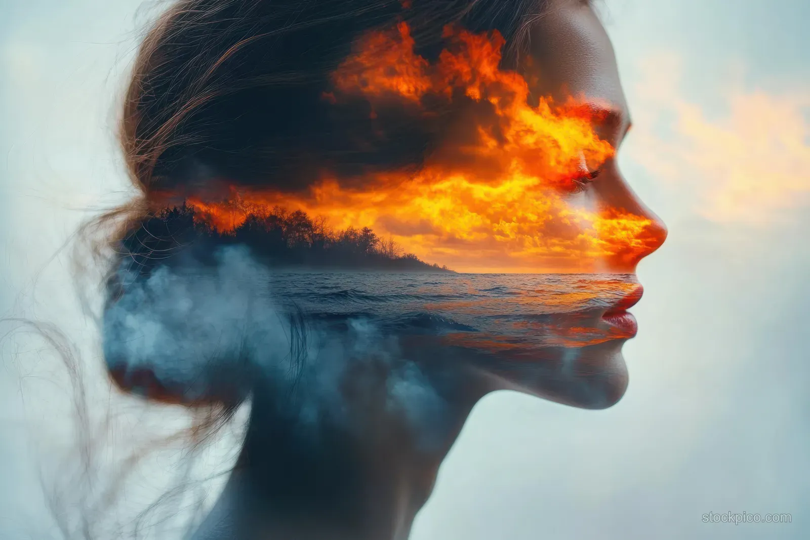 A woman’s side profile blends with a fiery sunset over the ocean and misty sky.