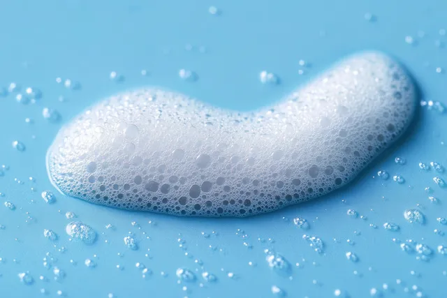 Foamy cleanser mousse swatch with small soap bubbles and droplets on a blue background.