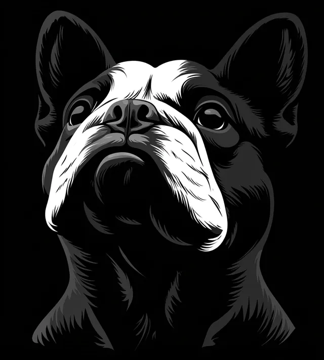 Stylized black and white French bulldog headshot looking upward against a dark backdrop