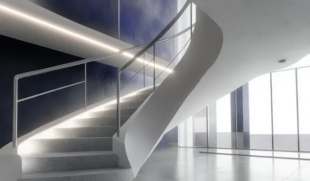 Minimalist steel staircase with railings and a curved concrete wall illuminated by linear ceiling lights.