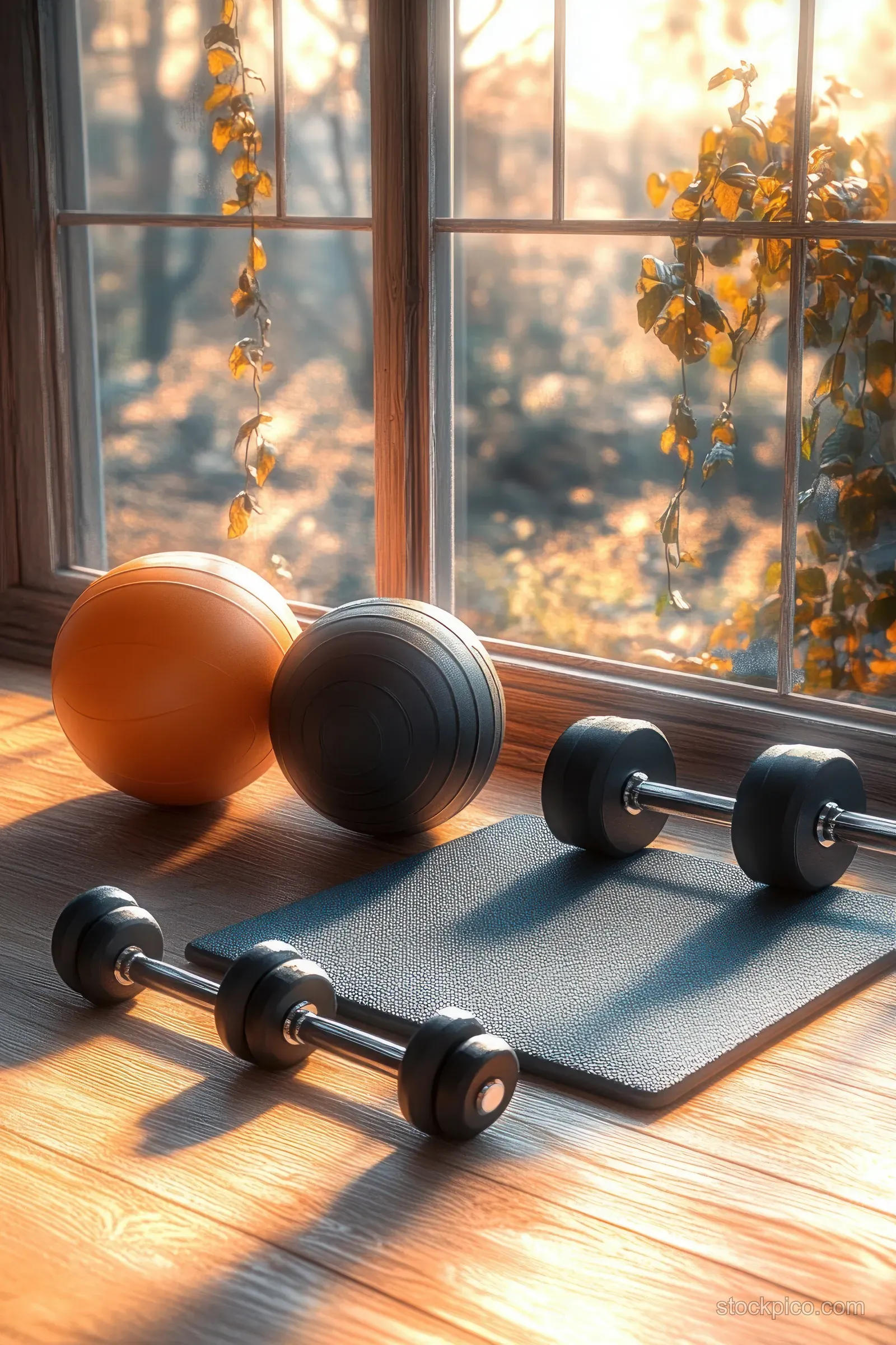 Two dumbbells and medicine balls lie on a workout mat on a wooden floor in warm sunlight by an autumn window.