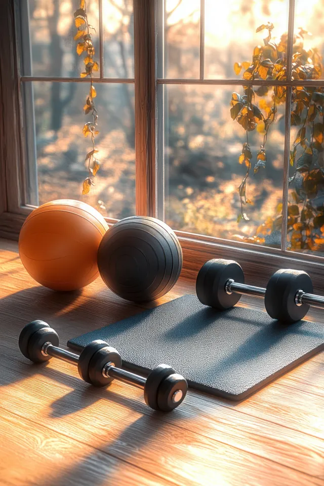 Two dumbbells and medicine balls lie on a workout mat on a wooden floor in warm sunlight by an autumn window.