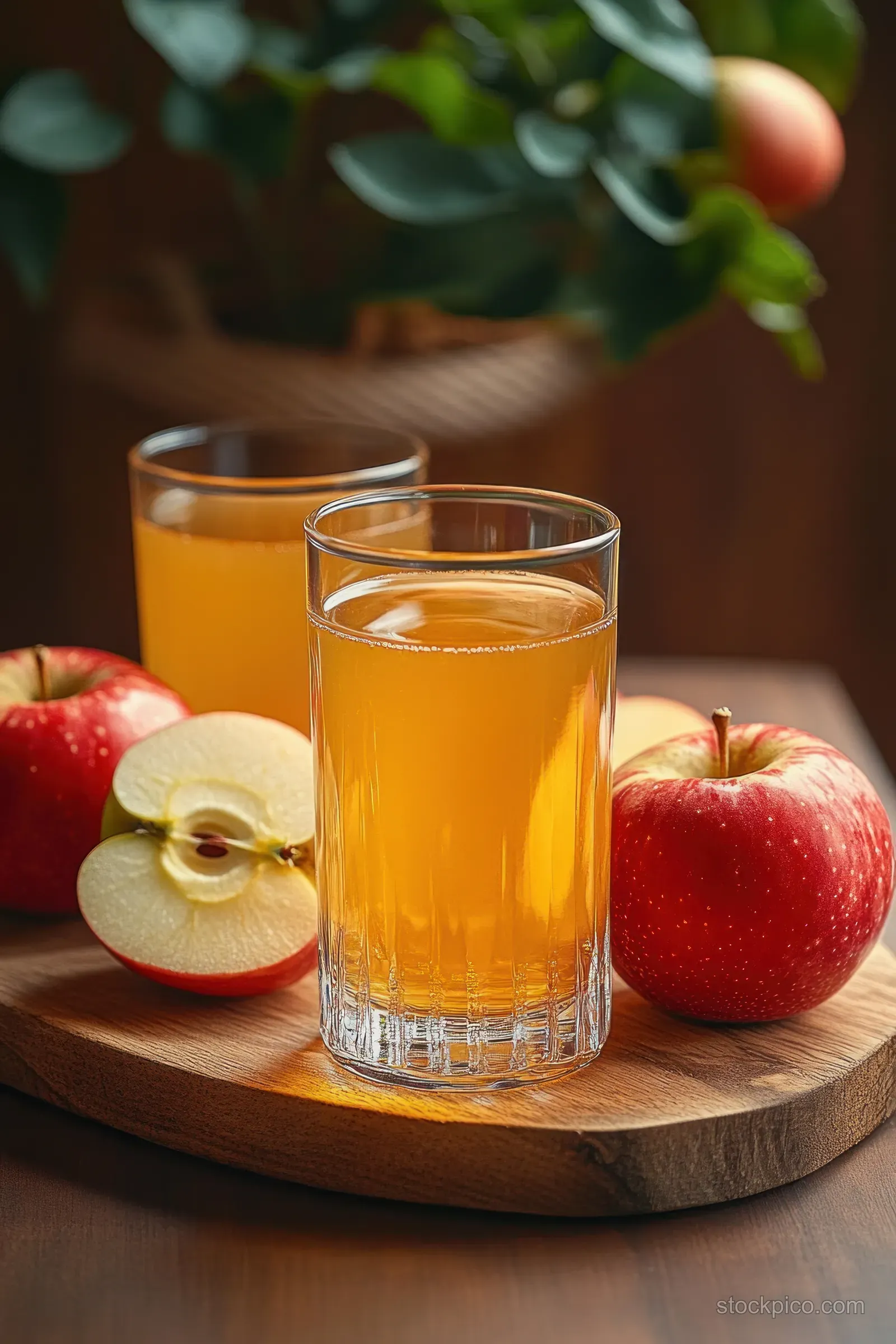 Two glasses of fresh apple juice on a wooden board with whole and sliced red apples and blurred green foliage behind.