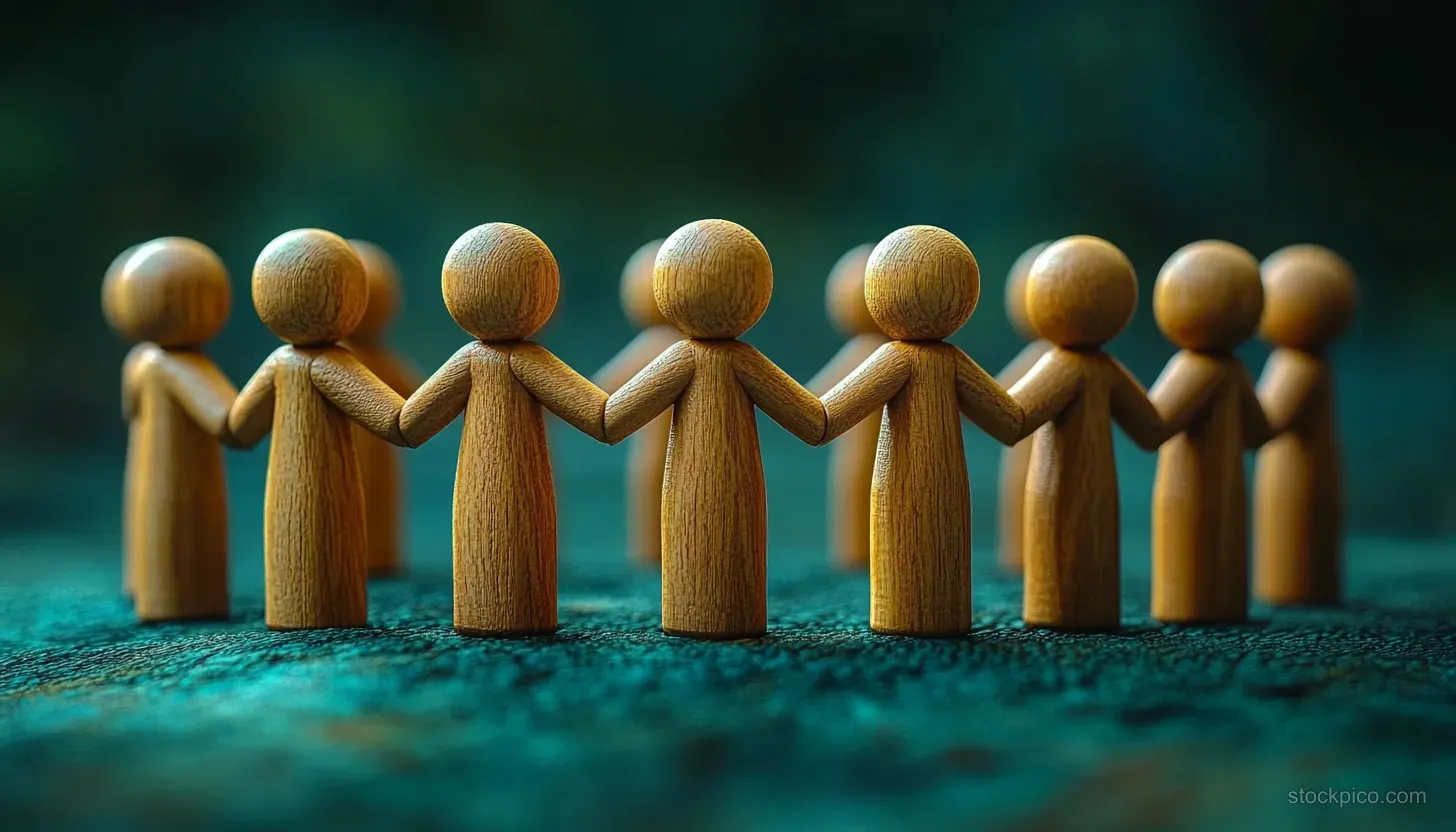 Wooden figurines hold hands in a linked row on a textured green surface with a blurred backdrop.