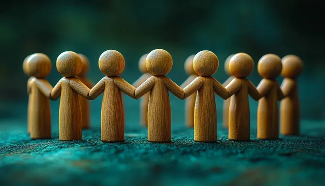 Row of wooden figurines holding hands on textured green surface with blurred unity backdrop