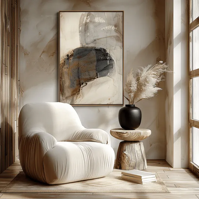 Beige armchair beside a wood side table holding a black vase, with abstract framed art on a light wall.