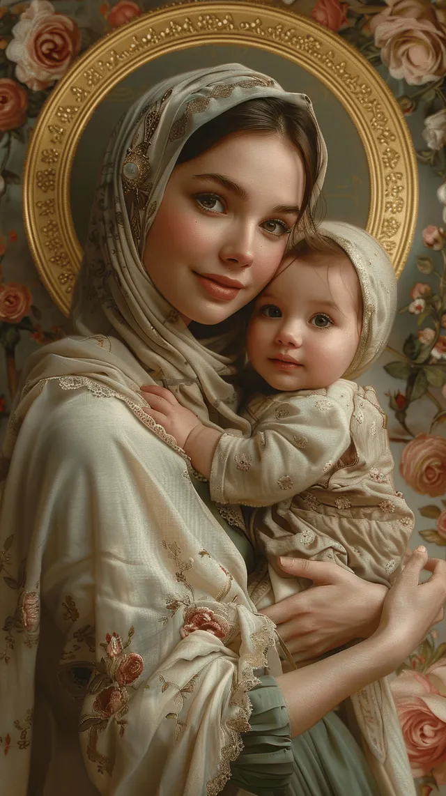 Mary in cream robes holds Baby Jesus while a golden halo glows behind them with pastel roses nearby.