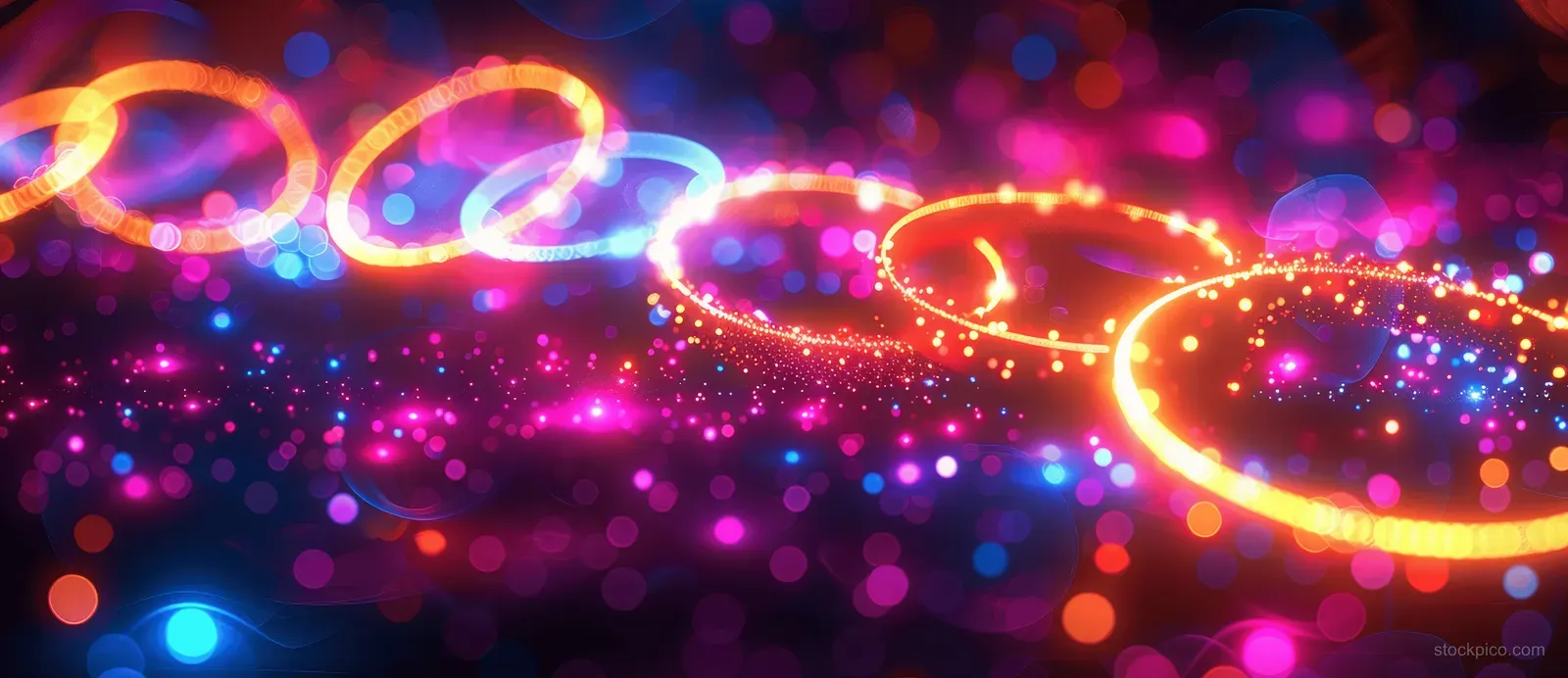 Neon glowing rings in purple, pink, and orange streak across an abstract dark background with colorful light dots.