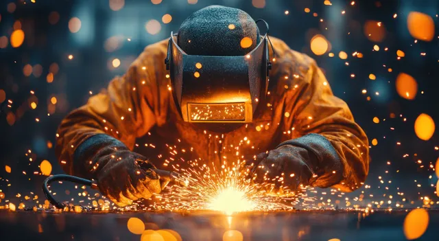 Welder in protective helmet welding steel pipe, bright arc sparks in workshop