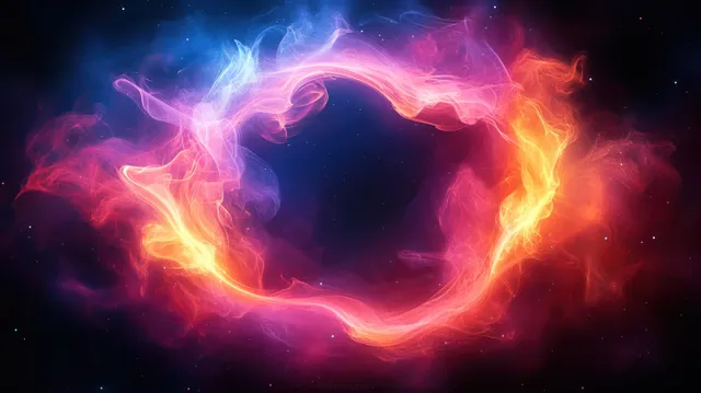 Neon cosmic smoke portal swirling around a glowing fiery ring in dark space