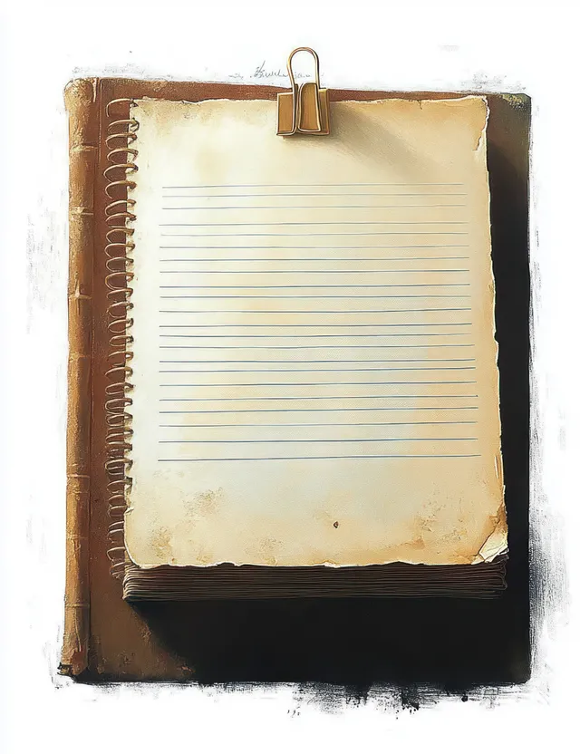Stained lined spiral notebook page clipped with a gold binder clip resting on a worn book background.