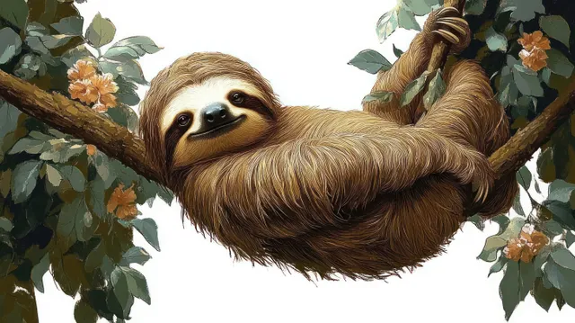 Smiling sloth hanging from tree branches surrounded by green leaves and orange blossoms.