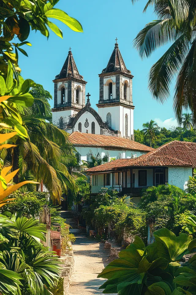 Historic white church with twin spires on a tropical street lined with palm trees and red tile roofs.