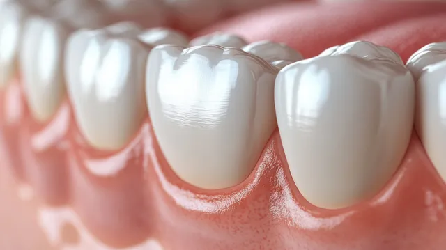 Glossy white front teeth and pink gums appear in a curved formation under soft natural light in a dental illustration.