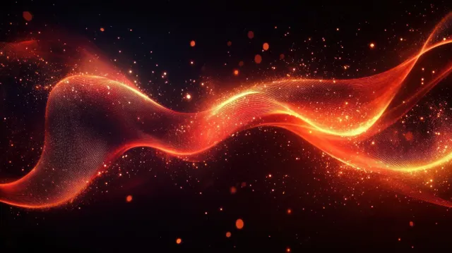 A glowing red and orange wave ribbon flows through a dark scene with sparkling particles and light trails.