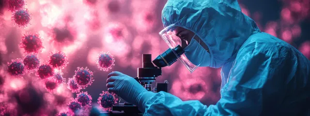 A scientist in protective gear examines virus particles with a microscope under neon pink and blue lighting.