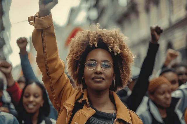 Black woman activist raises a fist during street protest in a city crowd
