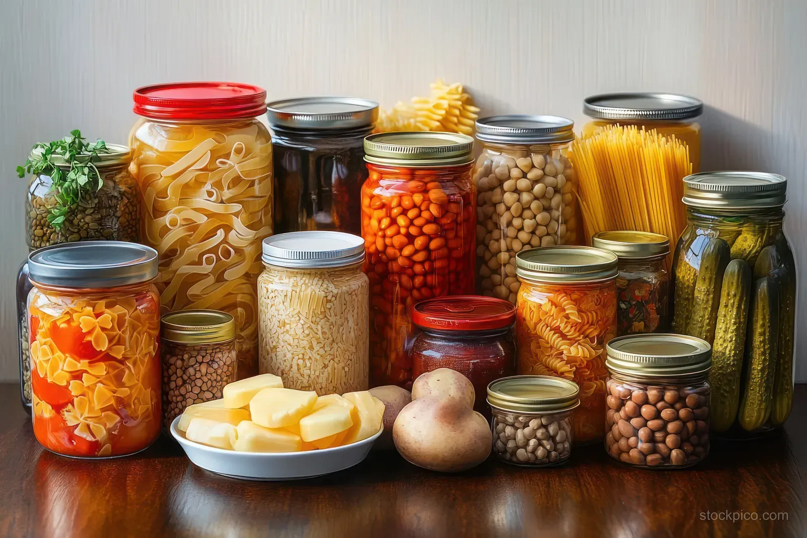 Glass jars of preserved pasta, beans, pickles, and lentils sit on a wooden table with potatoes and butter slices.