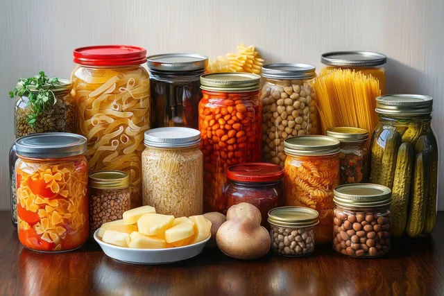 Glass jars of preserved pasta, beans, pickles, and lentils sit on a wooden table with potatoes and butter slices.