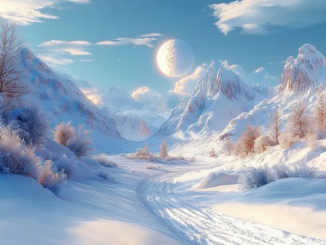 Winter mountain valley scene with glowing sun-like celestial body, snowdrifts, and frosted trees