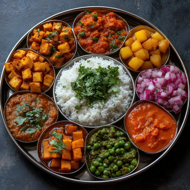 Indian thali on a round stainless tray with rice, curries, paneer, and chopped vegetables arranged in sections.