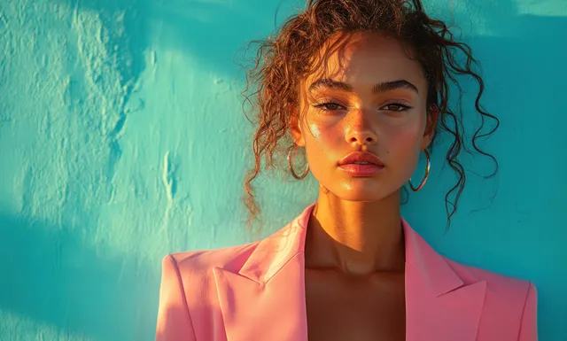 Young woman poses in a pastel pink blazer against a turquoise background with warm, soft studio lighting.