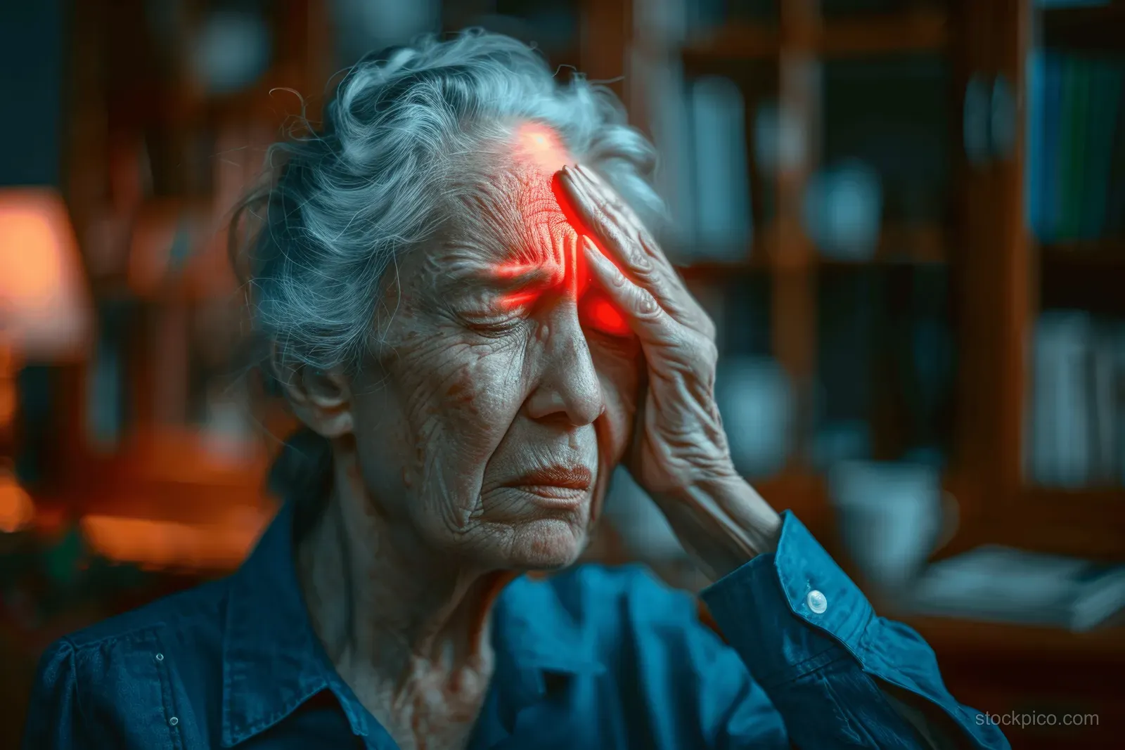 Elderly woman clutching her head in pain with red glowing lines on her forehead in a living room.