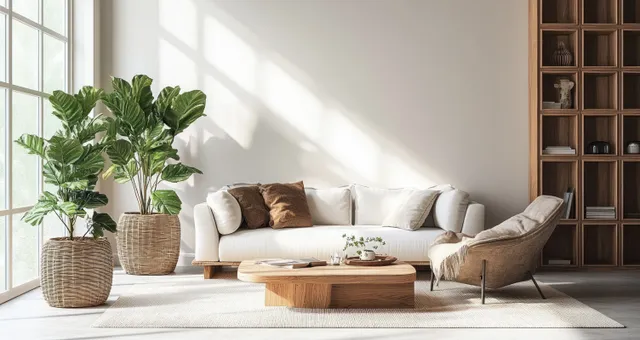 Bright minimalist Scandinavian living room with a white sofa, wooden coffee table, and potted plants under soft natural light.