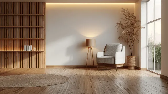 Minimalist living room with a gray armchair, slatted wooden bookcase, warm floor lamp, and soft daylight through windows.