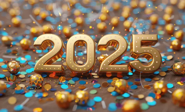 3D golden 2025 numerals glowing with colorful confetti on a warm brown celebration background.