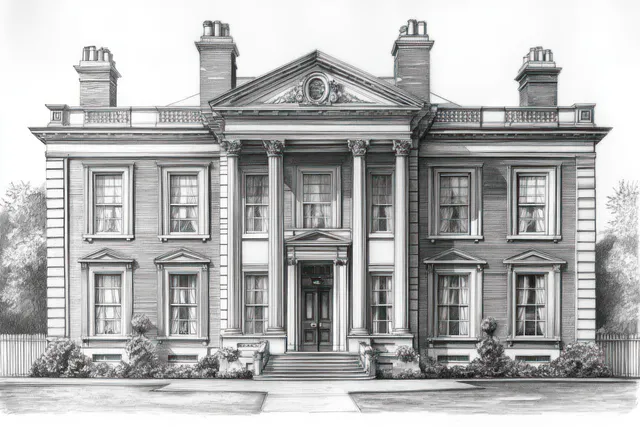 Black and white pencil sketch of classical mansion front with columns, steps, and manicured shrubs