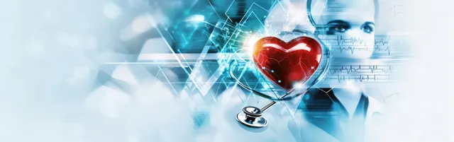 Glowing heart icon and stethoscope over blue digital healthcare data lines, suggesting medical analytics and cardiology planning.