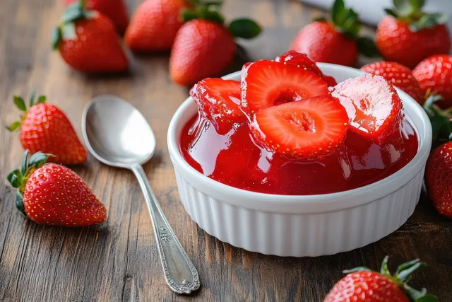 White bowl of red strawberry jelly with sliced strawberries on a wooden table beside whole berries and a silver spoon.