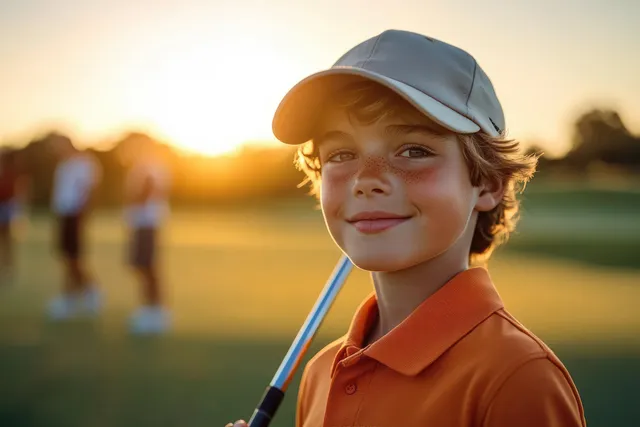 Smiling young boy golfer holding a club on a sunset golf fairway