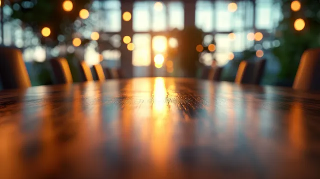 An empty conference room with a wooden meeting table and warm blurred lights visible through large windows.