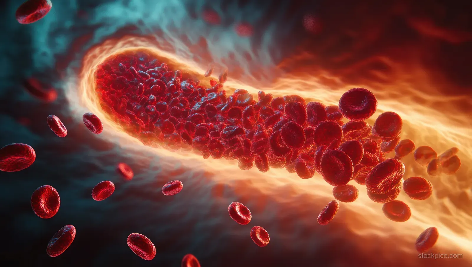 Erythrocytes flow toward a glowing blood clot that blocks an artery inside a tubular blood vessel.