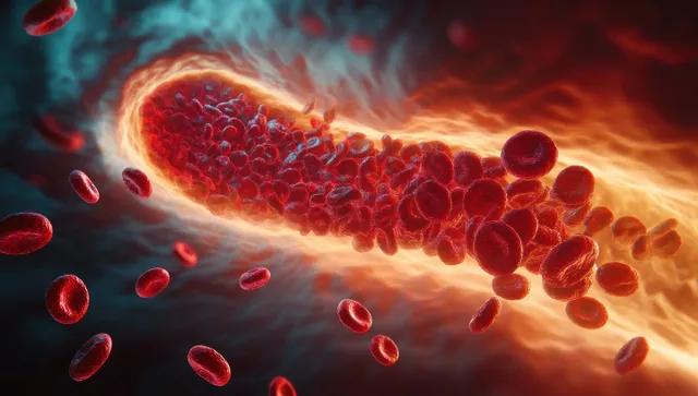 Erythrocytes flow toward a glowing blood clot that blocks an artery inside a tubular blood vessel.