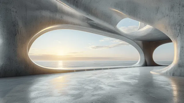 Futuristic oval concrete tunnel showroom with smooth gray floor and a sunrise view through the opening.