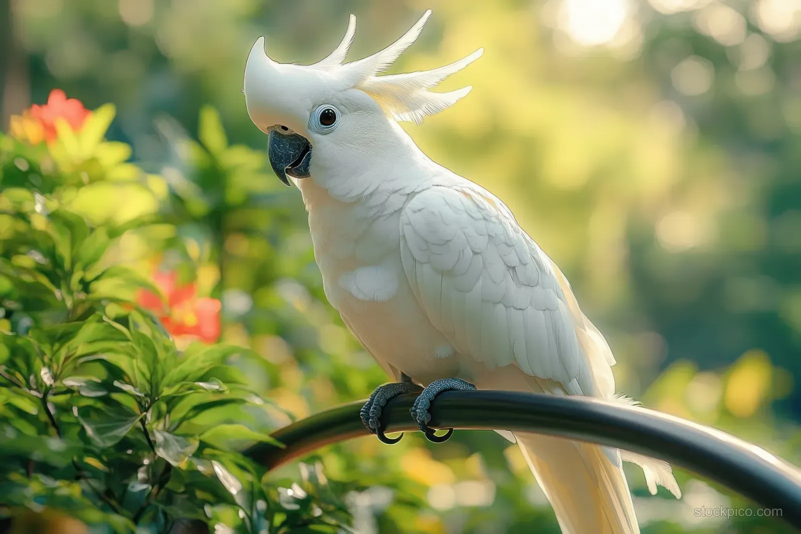A white cockatoo with an upright crest perches on a branch beside green foliage under soft golden light.