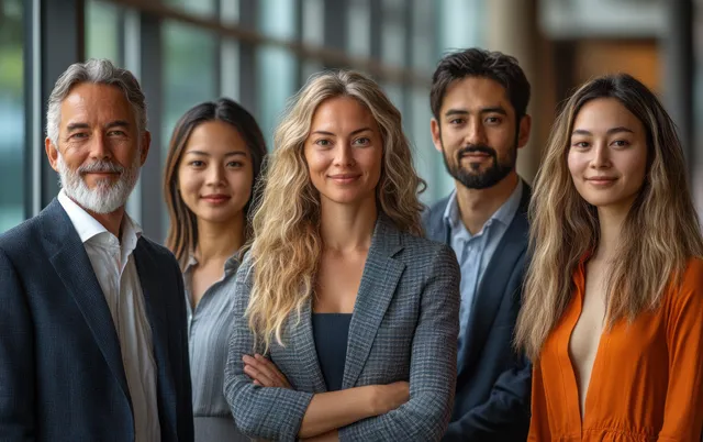 Diverse business team stands in an office, arms crossed, looking toward the camera with serious expressions.