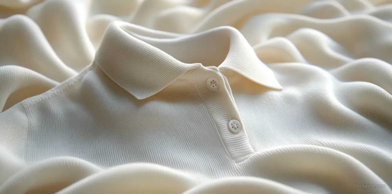 White long-sleeve polo shirt lies flat with collar and button placket visible amid soft fabric wrinkles.